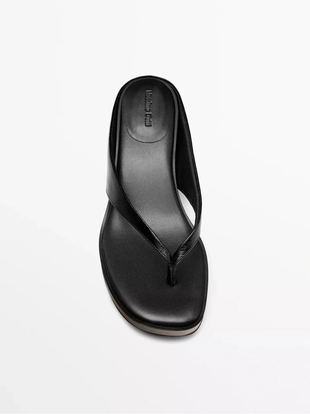 Massimo Dutti Black Leather Wedge Kitten Heel Thong Sandals - Women